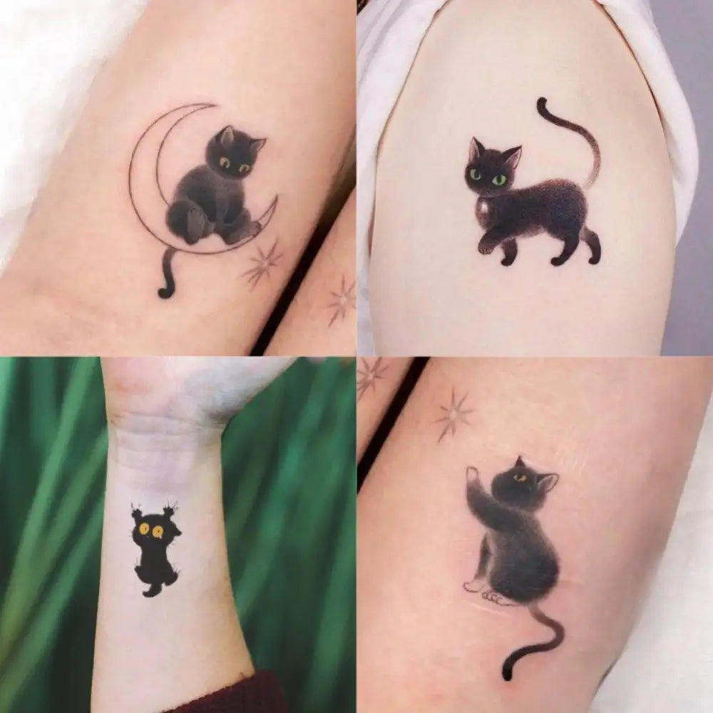 Four black cat tattoo stickers with advanced hand-drawn design from the tattoo collection