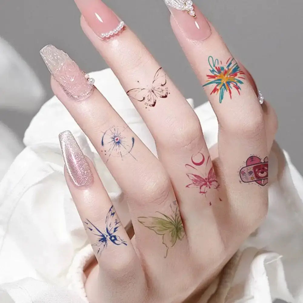 Hand with blue floral small tattoo sticker and acrylic nails, 6.0x6.5cm