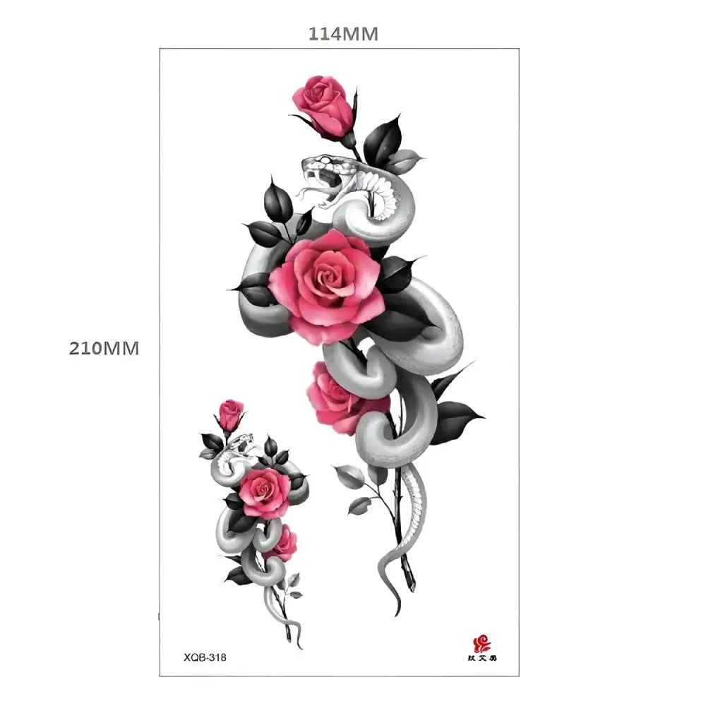 Botanical vine temporary tattoo with white snake entwined with pink roses and dark leaves
