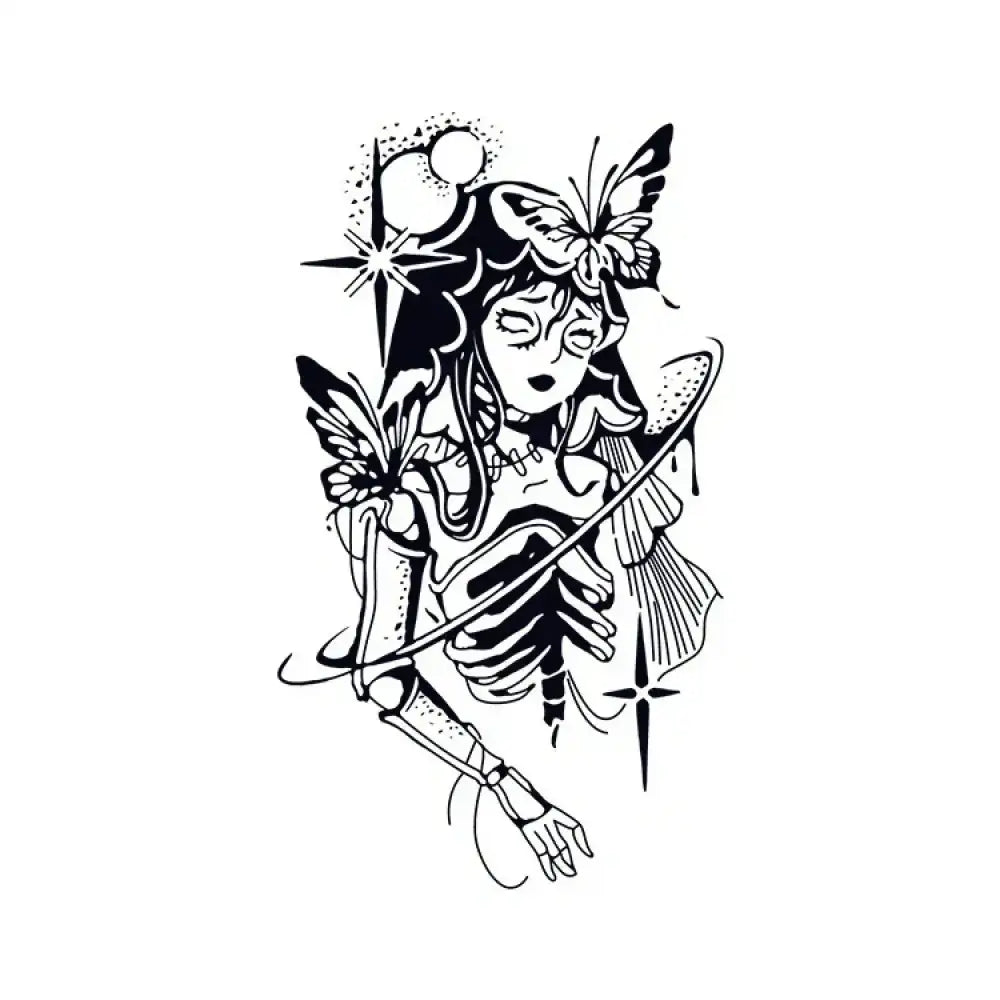 Gothic skeleton girl illustration with butterflies and celestial elements