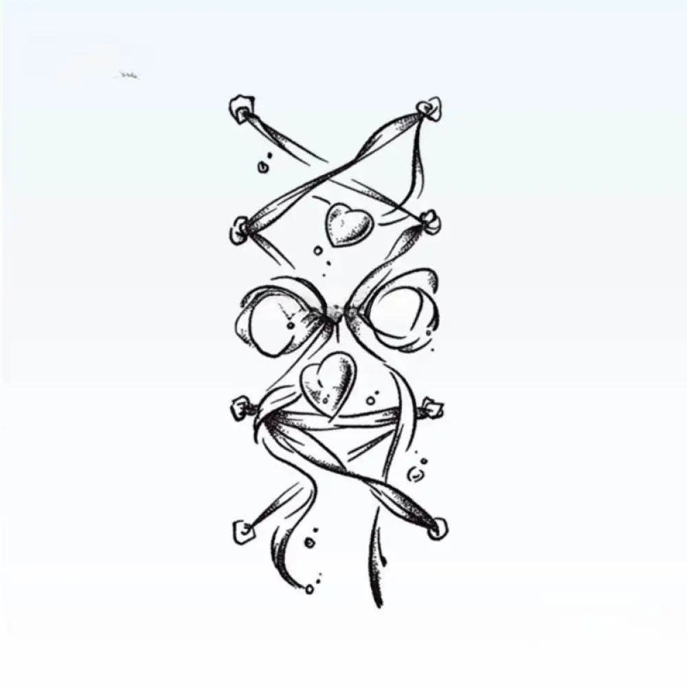 Sketch of corset lacing with hearts, bow, and butterfly clasp tattoo sticker, 15x6cm