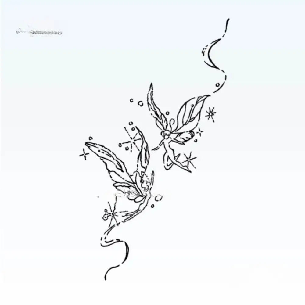 Stylized tattoo sticker featuring winged fairies, sparkling elements, and flowing ribbons