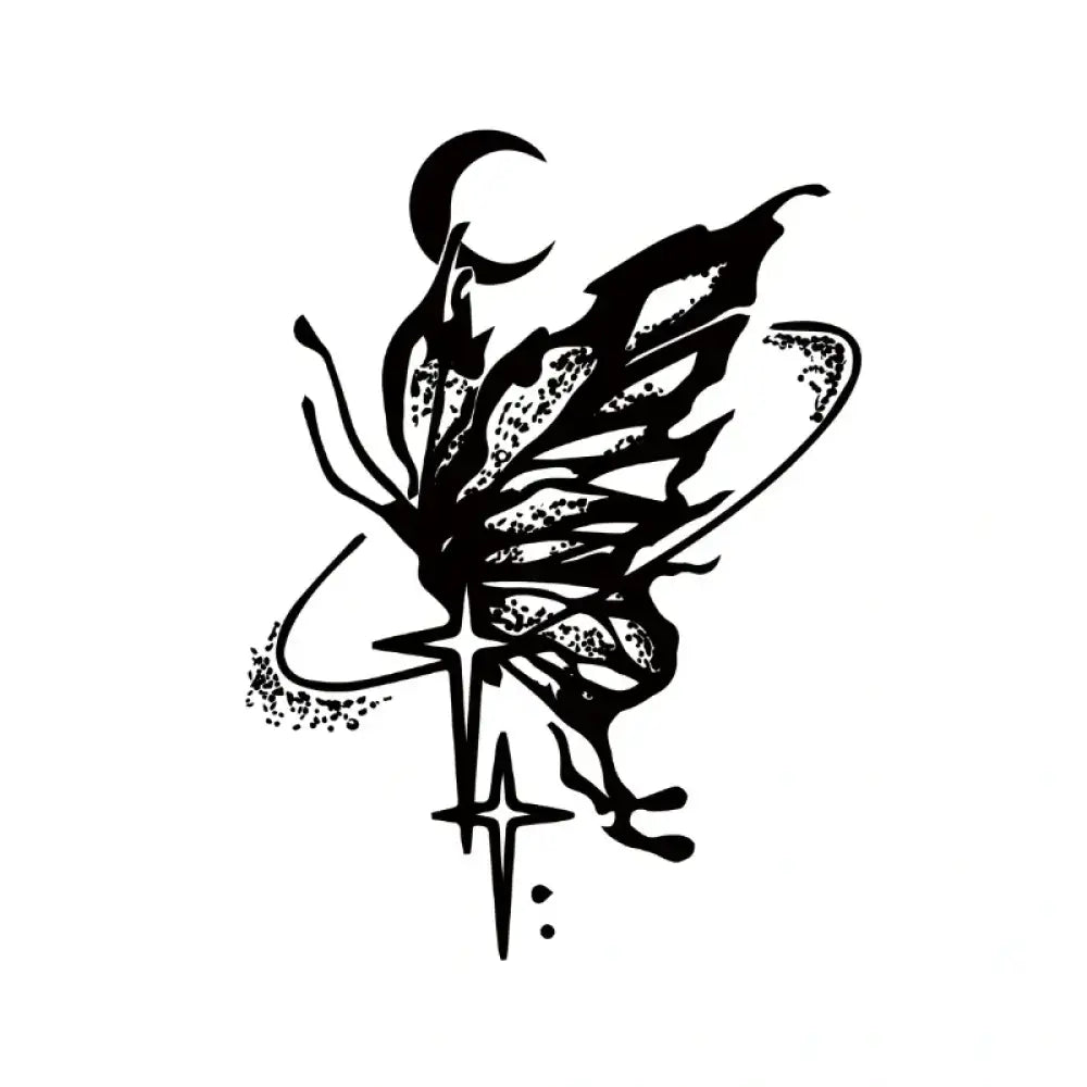 Stylized celestial butterfly wing tattoo sticker with moon, stars, dots