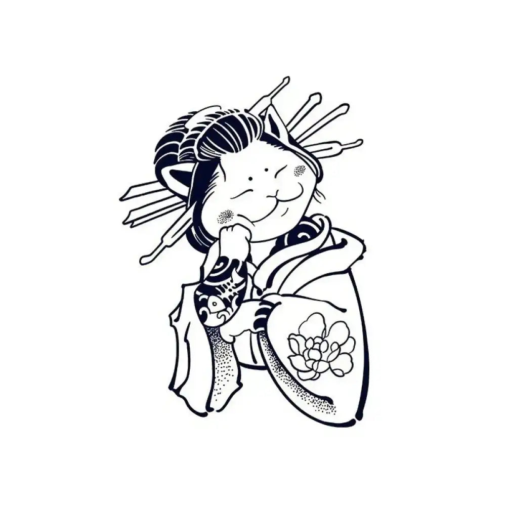 Black and white cartoon Cat Geisha tattoo sticker in traditional kimono with floral design
