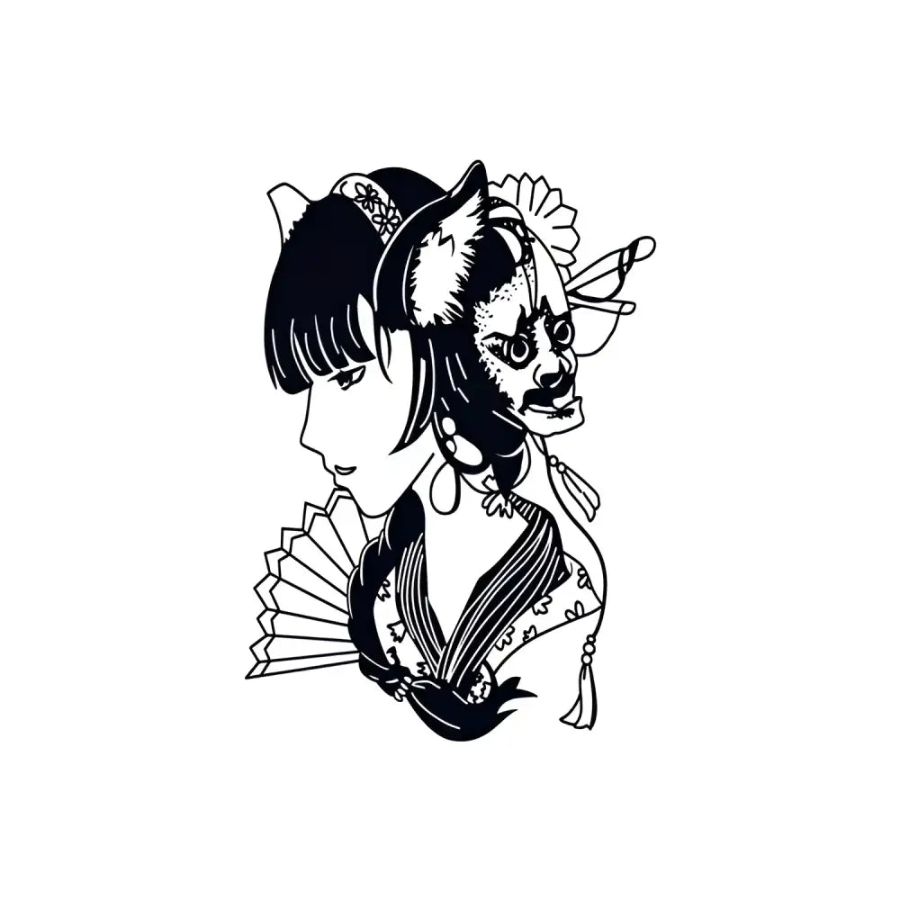 Black and white cat girl with hannya mask tattoo sticker illustration
