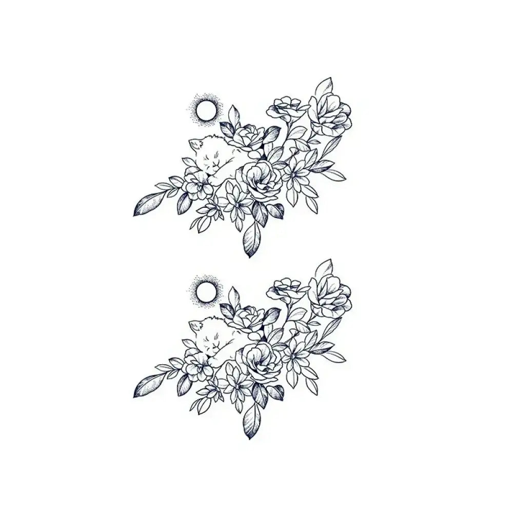 Black and white tattoo sticker of a sleeping cat among flowers with a small sun