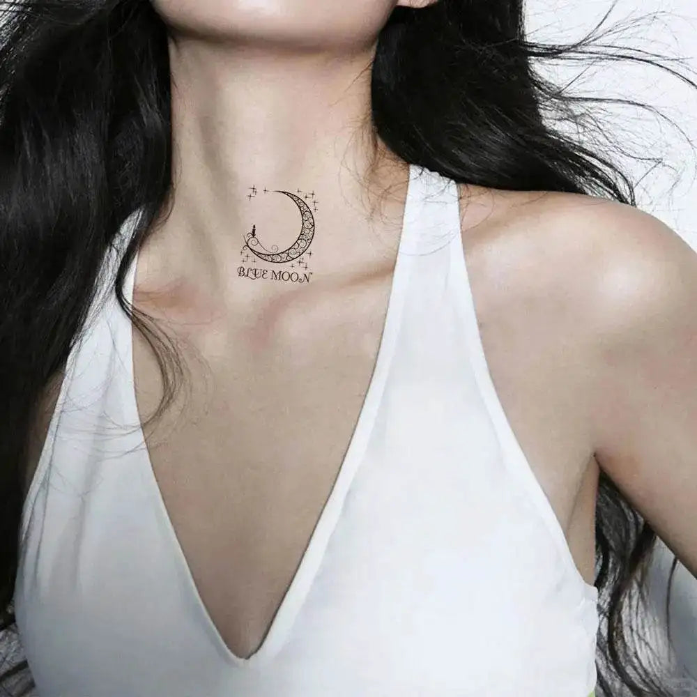 Temporary tattoo sticker featuring crescent moon, stars, and figure, Blue Moon design