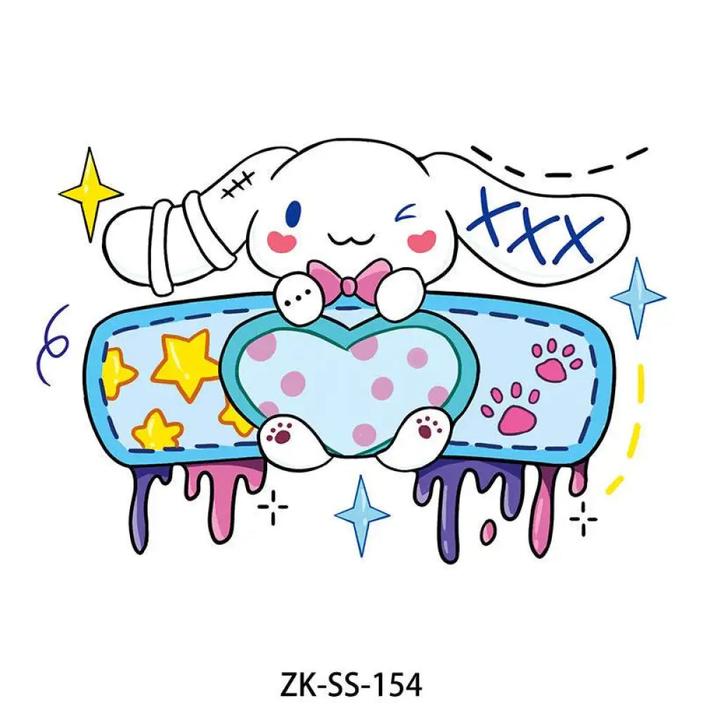 Adorable Cinnamoroll champagne floral tattoo sticker holding a heart-shaped bandage with stars and paw prints