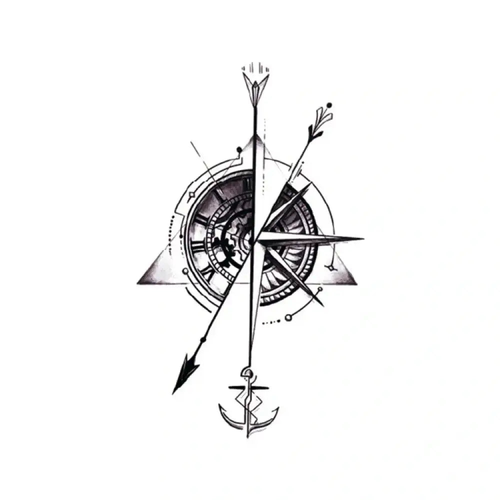 Stylized clock compass tattoo sticker with clockwork and anchor details