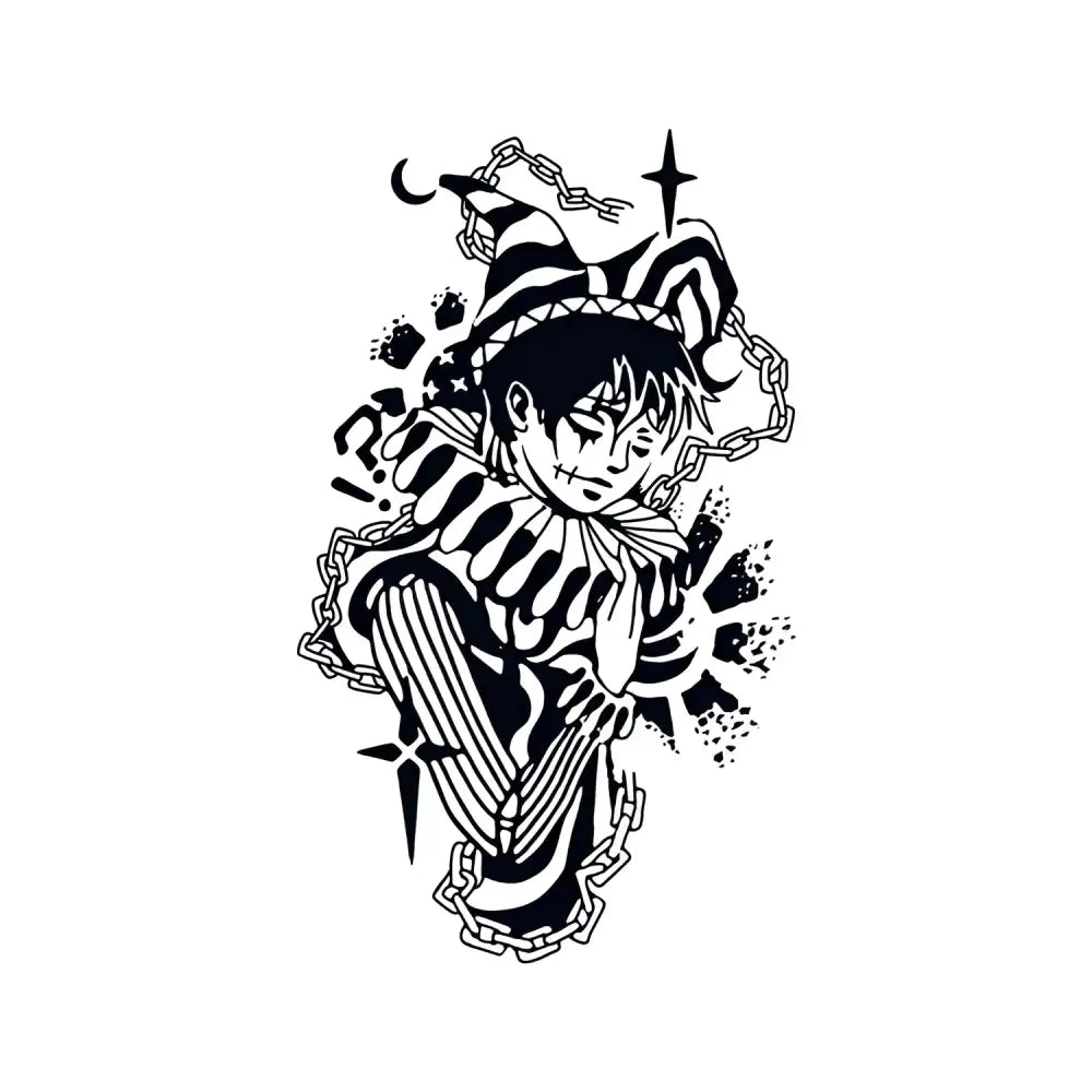 Monochromatic jester in chains as small tattoo sticker design for Clown product