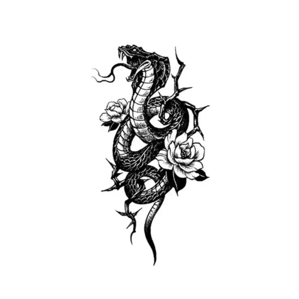 Venomous black snake tattoo sticker with white roses for small temporary tattoos