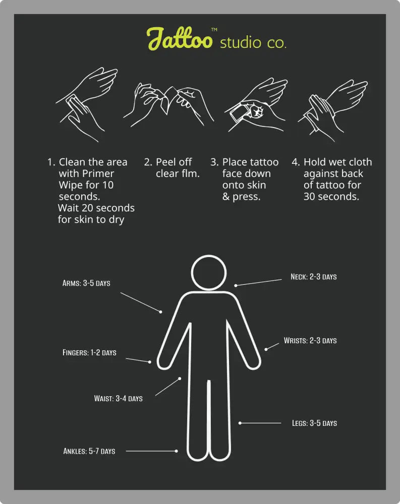 Small black chalkboard tattoo guide poster with white tattoo designs illustrations