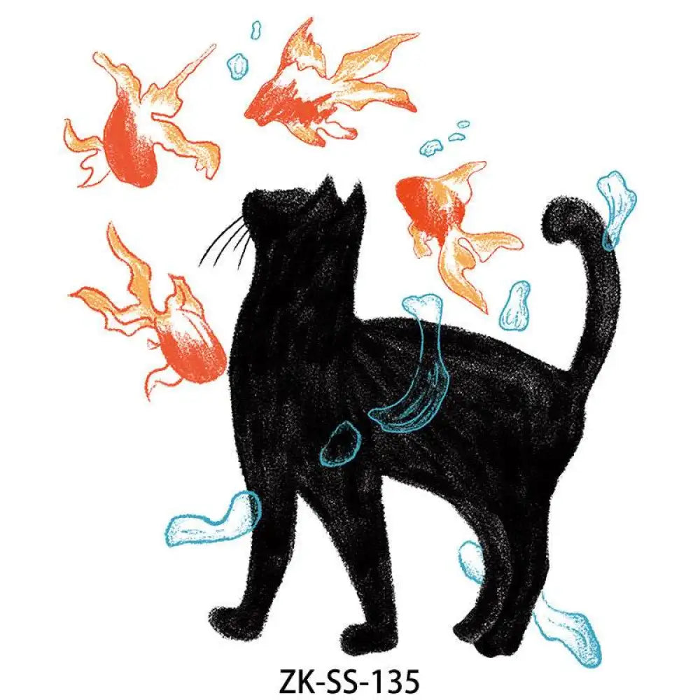 Copper Floral tattoo sticker featuring a black cat with floating orange fish and blue bubbles