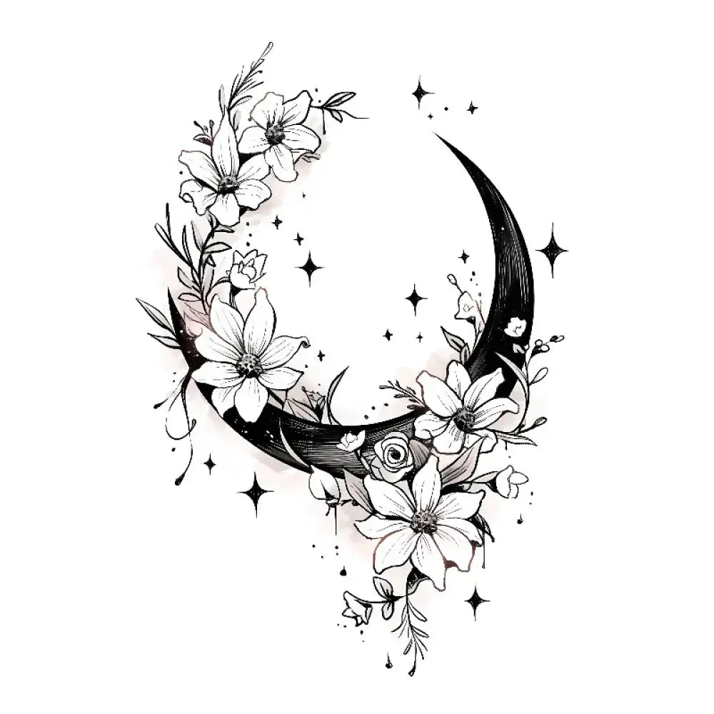 Black crescent moon with white flowers and stars tattoo sticker