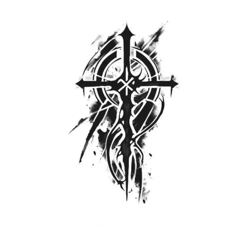 Stylized black Cross Halo Ink Drip with circular motif and gothic patterns