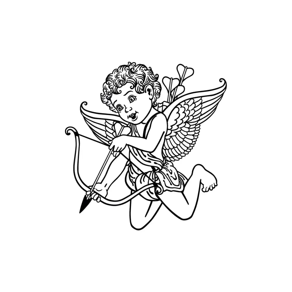Cupid cherub line drawing with wings, bow, heart arrow for small tattoo designs