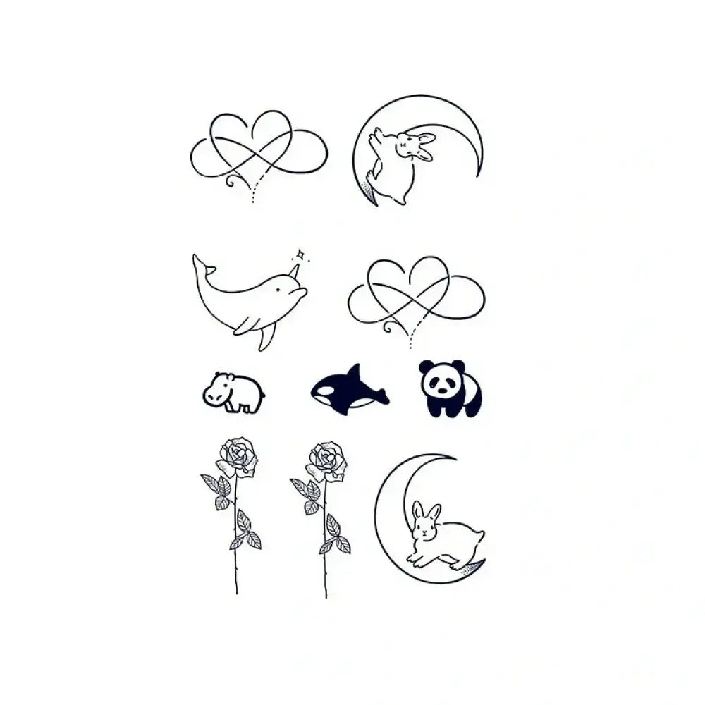 Temporary tattoo sticker sheet featuring cute animals, hearts, flowers for Moon Rose Ocean set