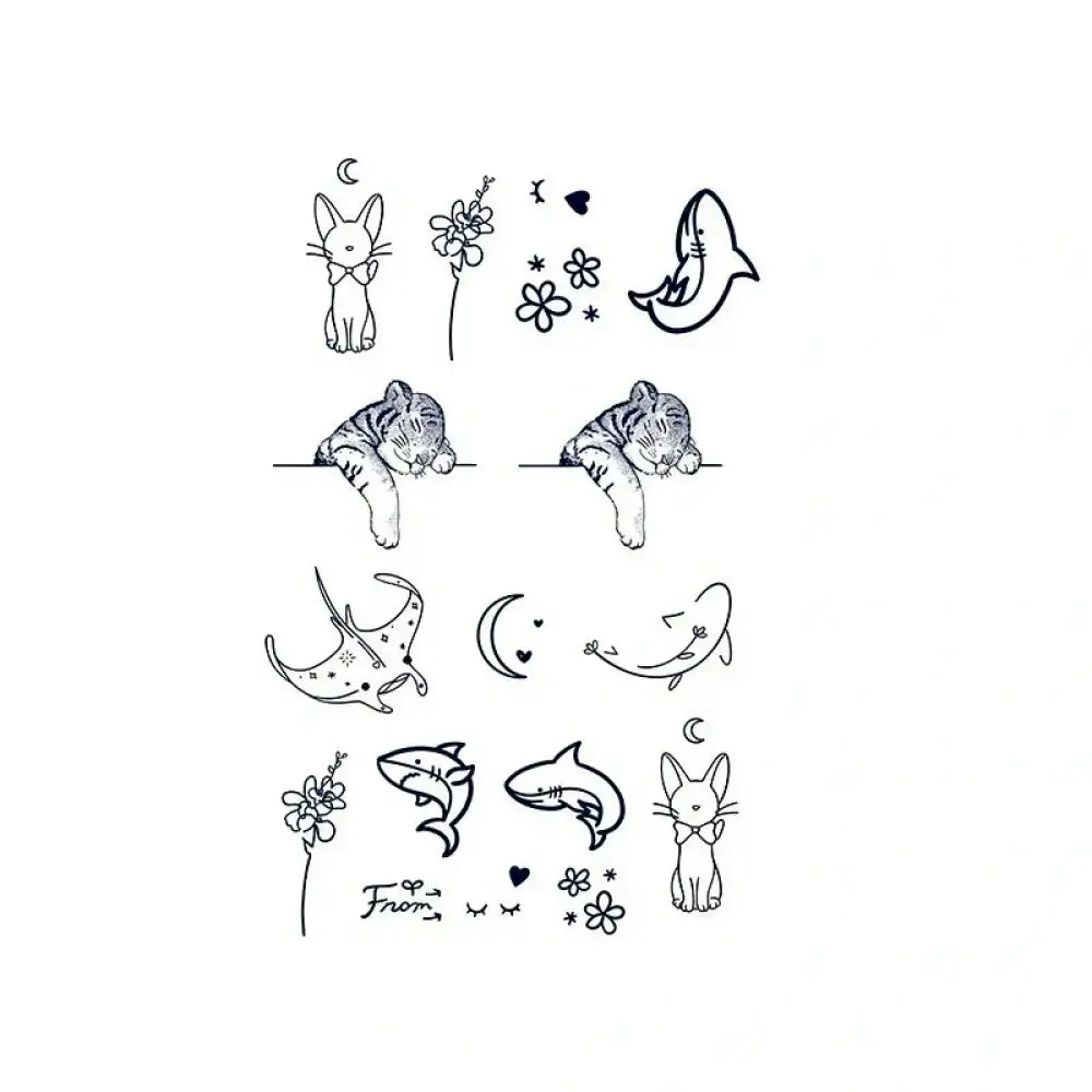 Black-line temporary tattoos featuring animals, celestial bodies, and flowers from the Cute Animal Set