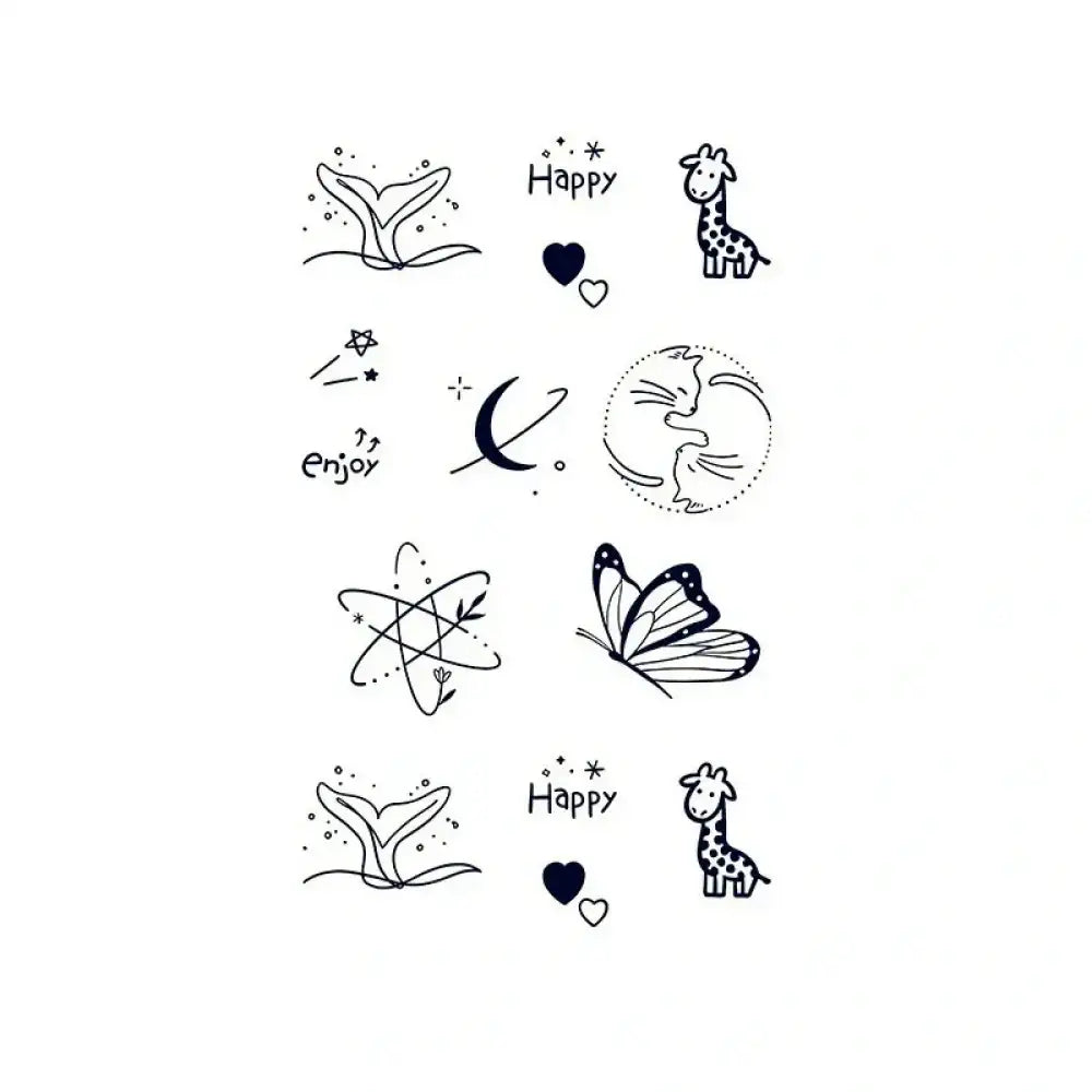 Sheet of whimsical mini tattoos from the Cute Mini Tattoo Set with various designs