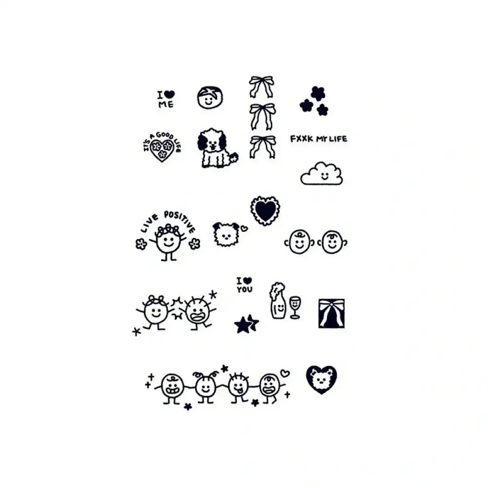 Sheet of small black-and-white doodle-style temporary tattoos from Cute Small Bundle A