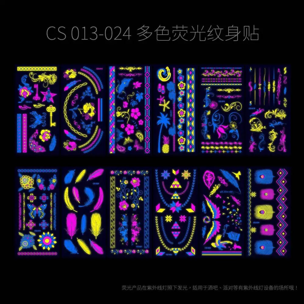 Dark Graffiti GZ fluorescent temporary tattoos with neon glow designs