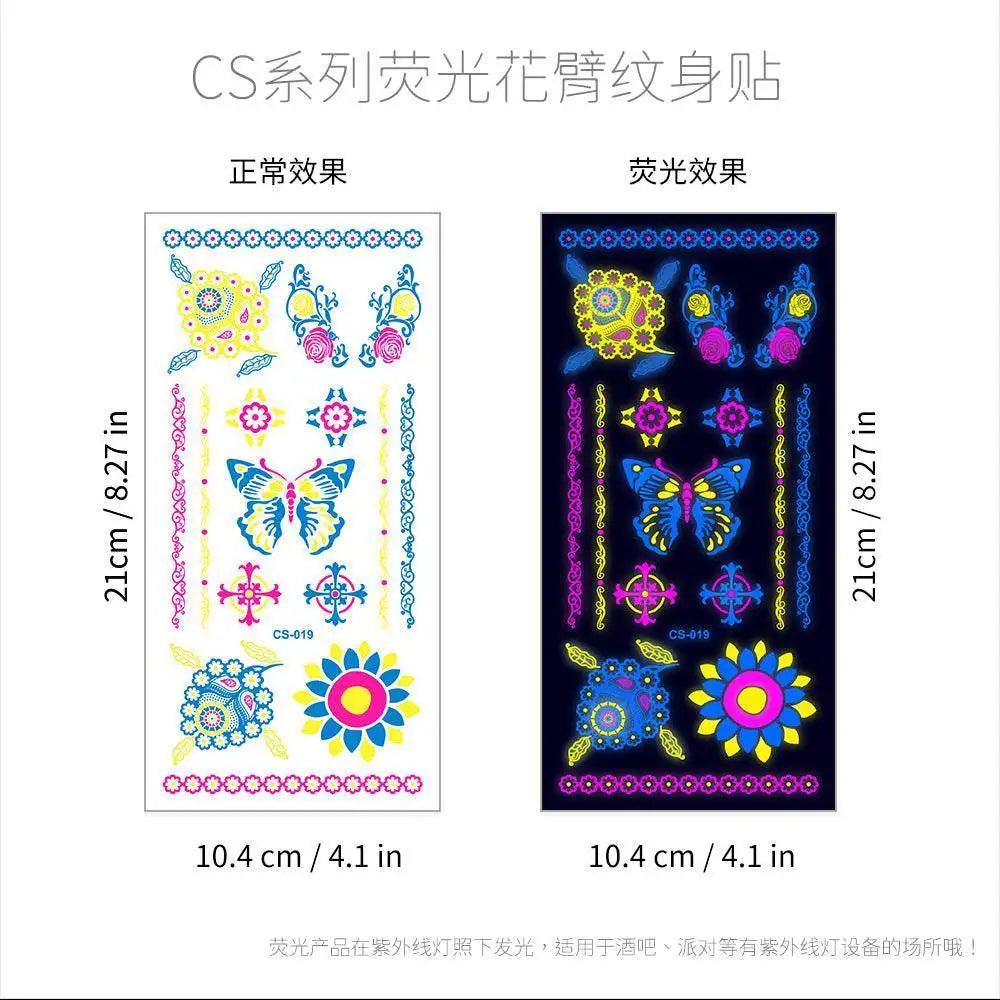 Dark Graffiti GZ fluorescent neon butterfly temporary tattoos sheet