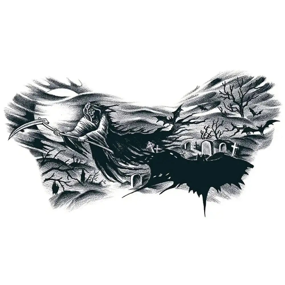 Dark Night Reaper temporary tattoo: Grim Reaper flying over graveyard with bats