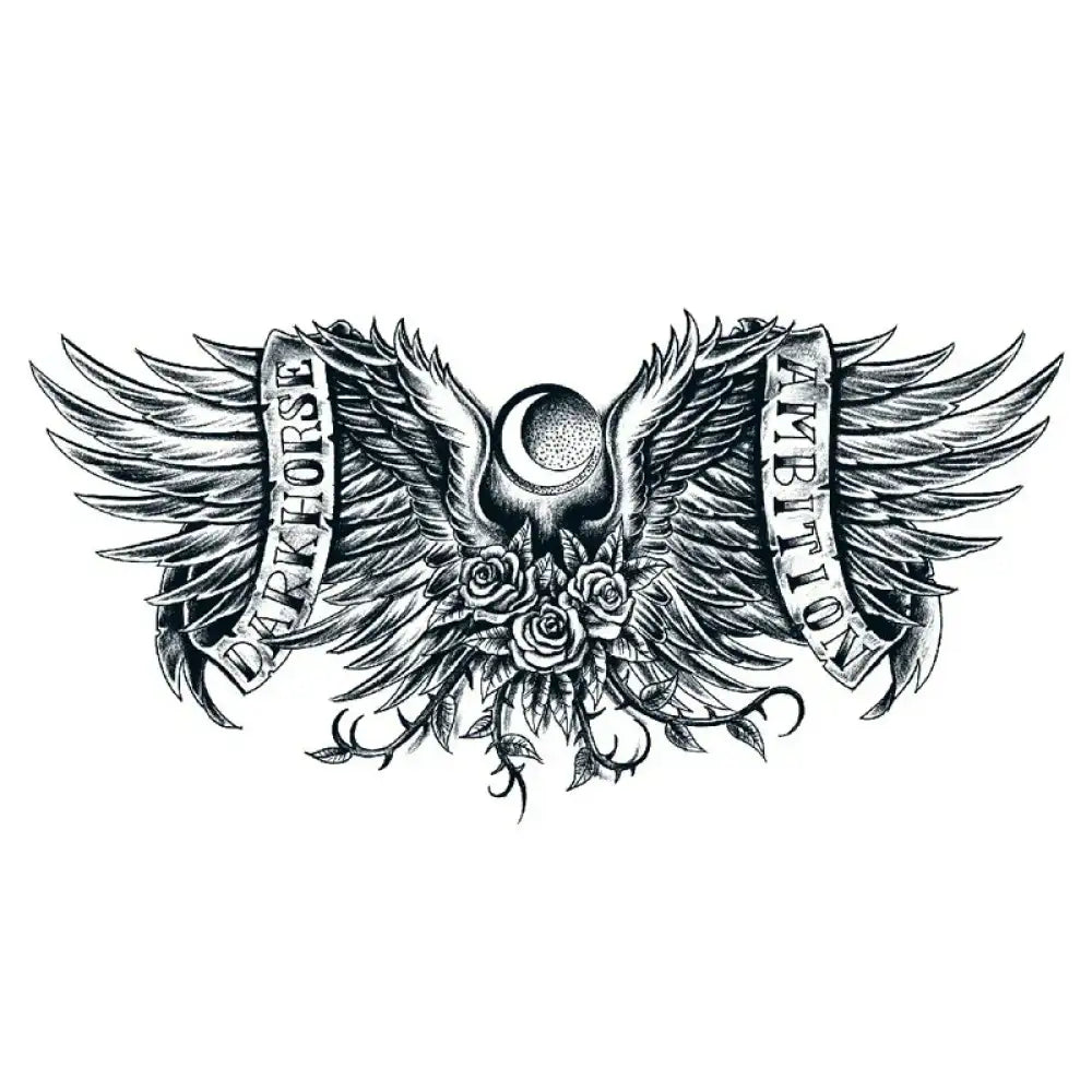 Darkhorse Ambition small tattoo sticker with wings, moon, roses, banners