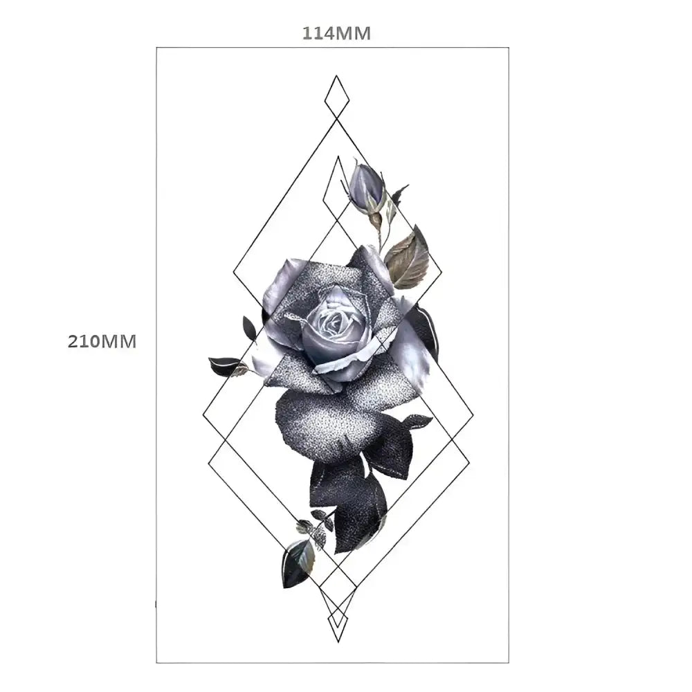 Gray rose decorative floral temporary tattoo with geometric outlines, 11.4 x 21 cm