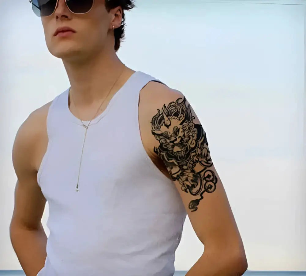 Demon Slayer small tattoo sticker: white tank top with black floral design, 17x10cm