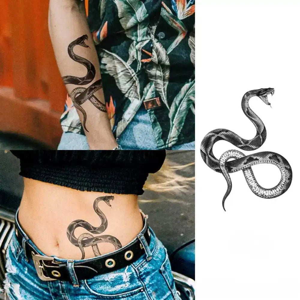 Realistic snake temporary tattoos on skin, white background, 14x10cm