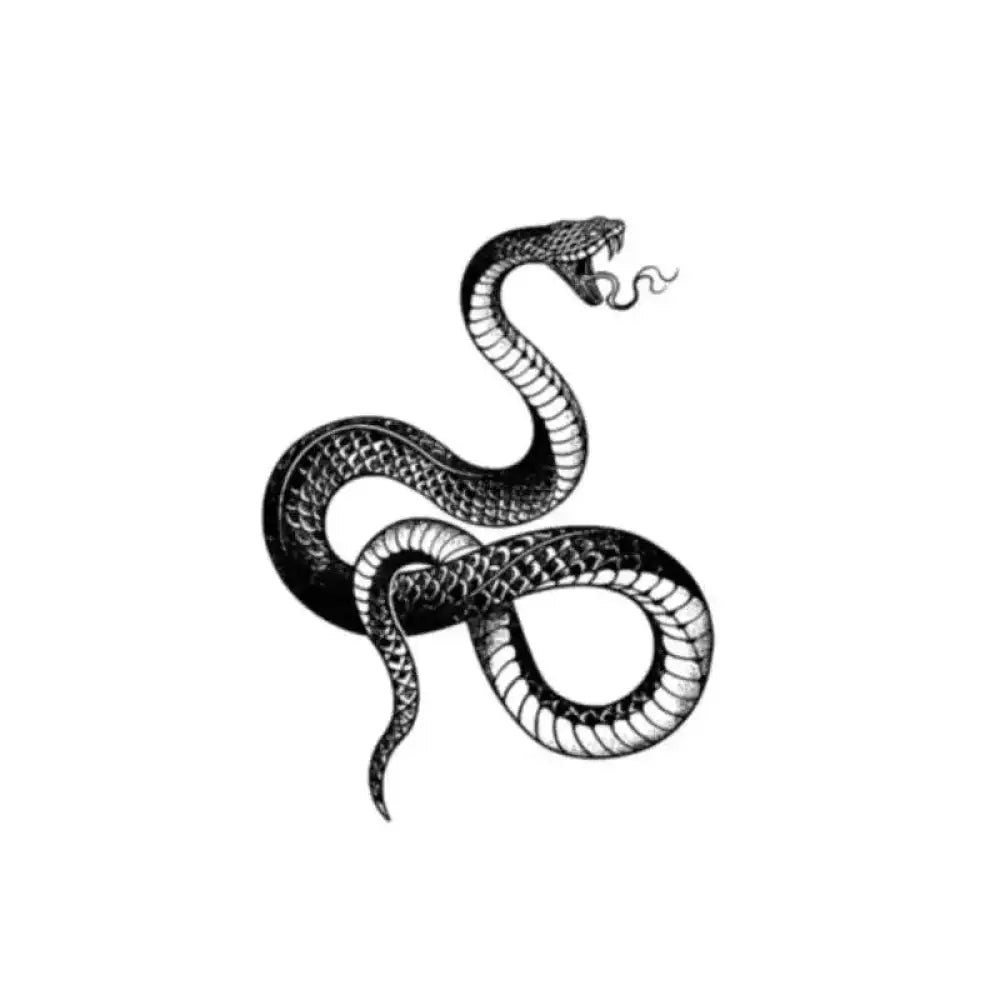 Black snake tattoo design with intricate scales and open mouth, 14x10cm temporary tattoo sticker
