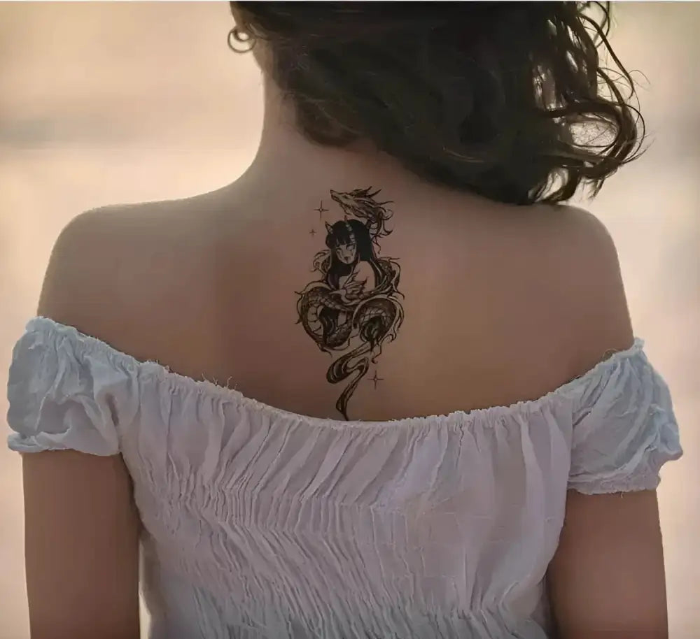 Drakan black heart-shaped temporary tattoo sticker with woman design, 16x8cm