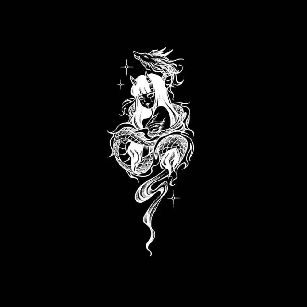 Drakan semi-permanent small tattoo sticker: demon girl with serpent on black