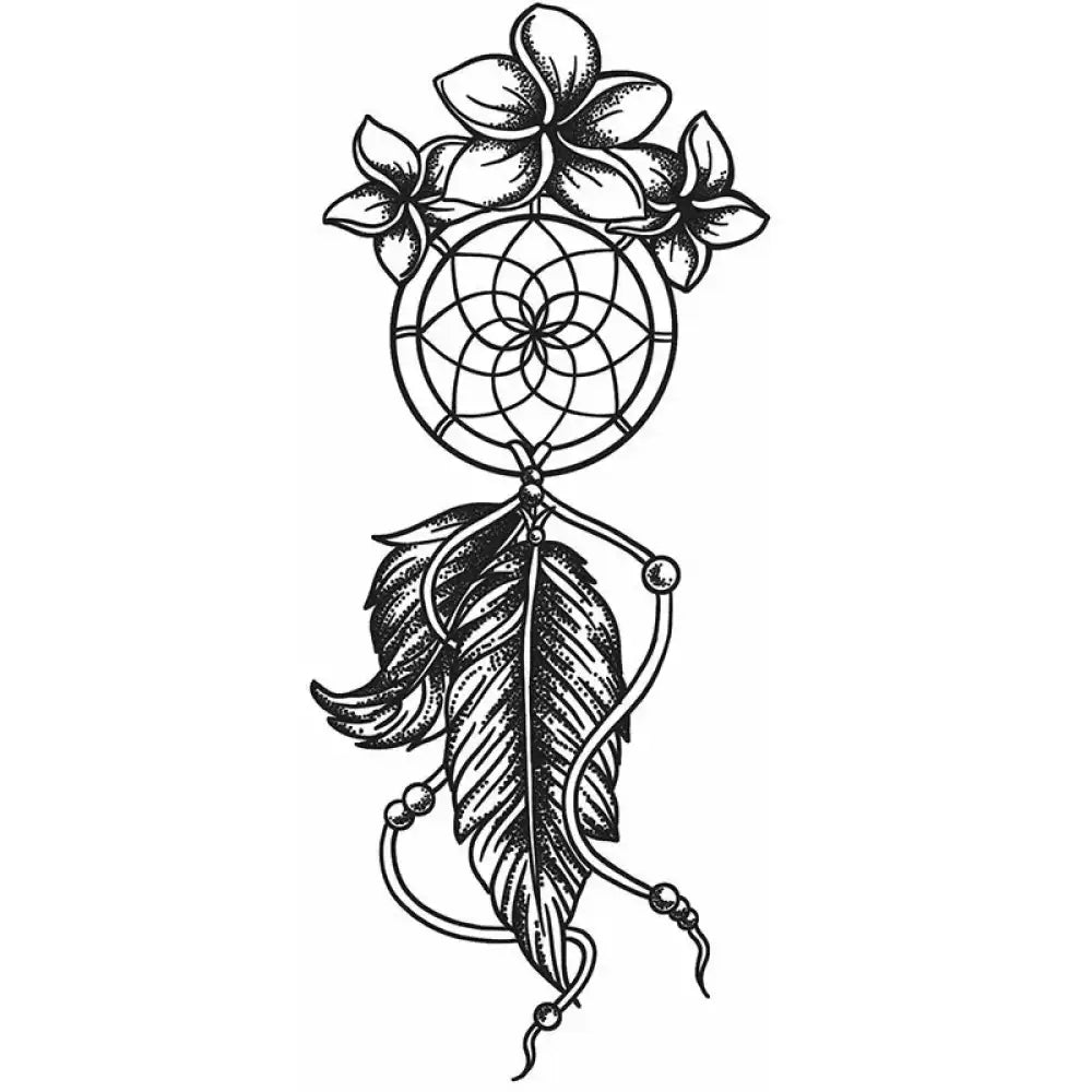 Black and white Dreamcatcher tattoo sticker with plumeria, feather, beads