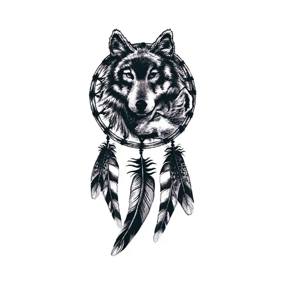 Dreamcatcher Wolf black and white tattoo sticker with feathers