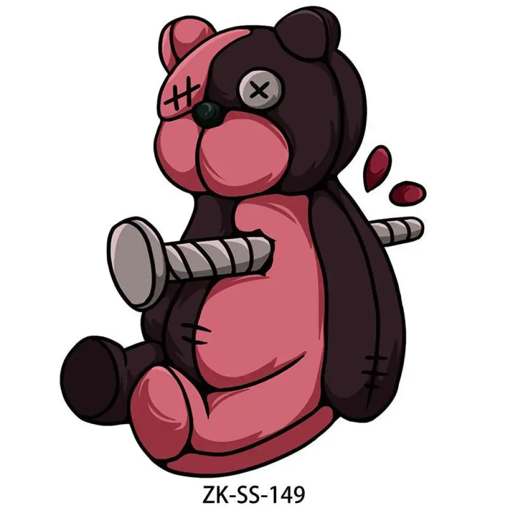 Dusty Rose tattoo sticker featuring a two-toned teddy bear with screw piercing and X-eye