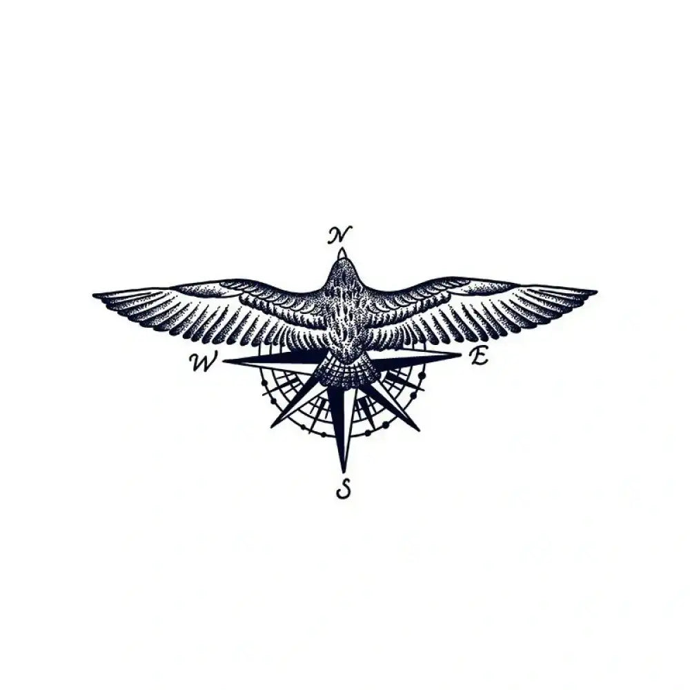 Black and white tattoo sticker featuring an eagle compass navigator with a bird in flight