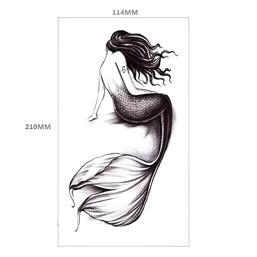 Black and white sketch-style mermaid temporary tattoo from Elegant Rose Temporary Tattoo collection
