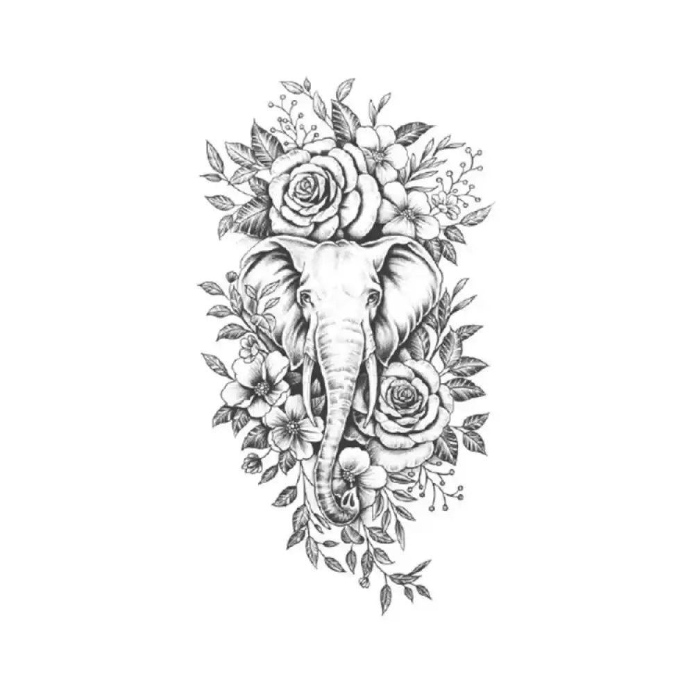 Black and white elephant head sketch with flowers, small tattoo design
