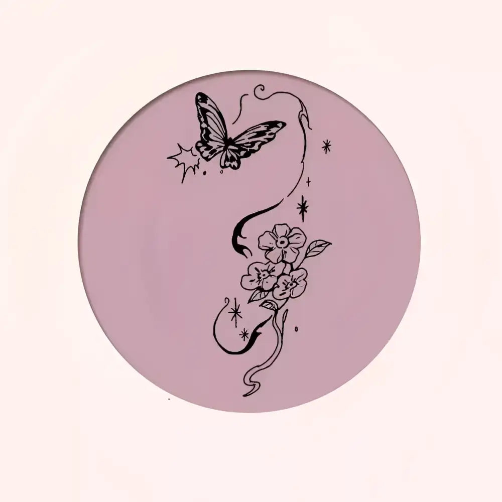 Ephemeral Bloom pink circular coaster with black butterfly floral design, ideal as tattoo sticker