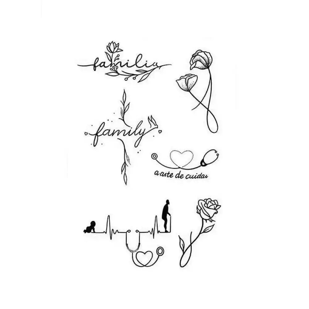 Minimalist black outline tattoo designs from the Family & Care Set small tattoo collection