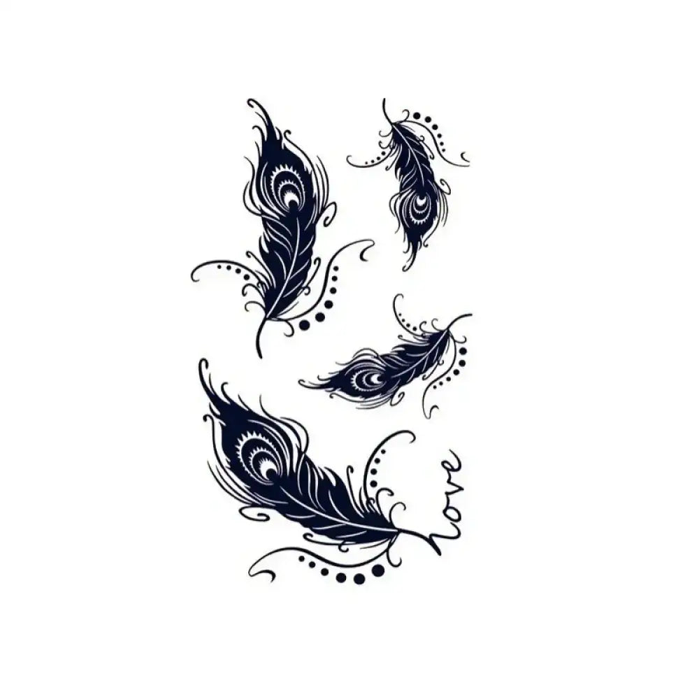 Four black peacock feathers with swirls and dots in feather bundle