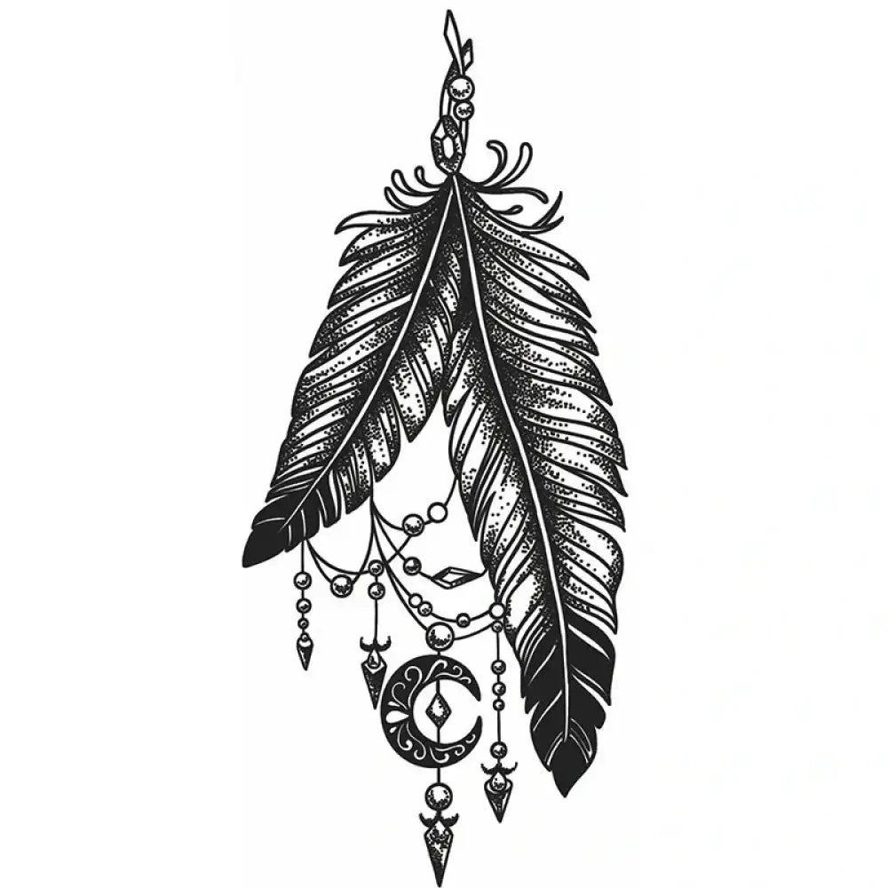 Black and white feather pendant drawing with beads, moon, arrow charms