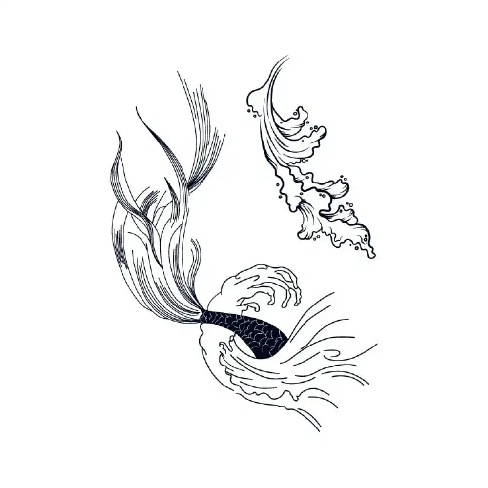 Black and white mermaid tail tattoo design with stylized waves