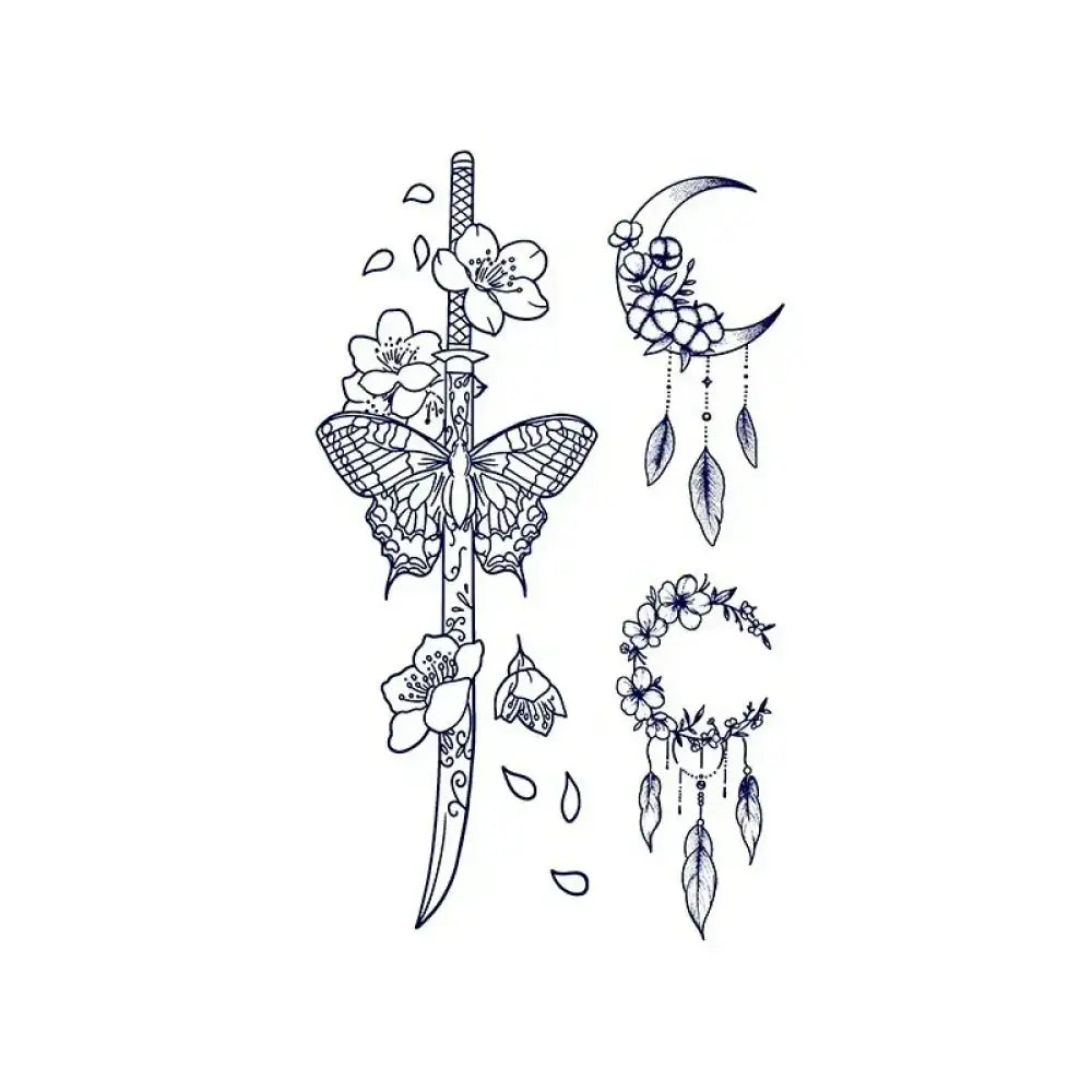 Line art tattoo sticker featuring Floral Blade with a Katana, Butterfly, Cherry Blossoms, and Crescent Moon Dreamcatchers