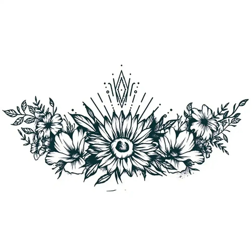 Black and white floral tattoo sticker with central sunflower and geometric design