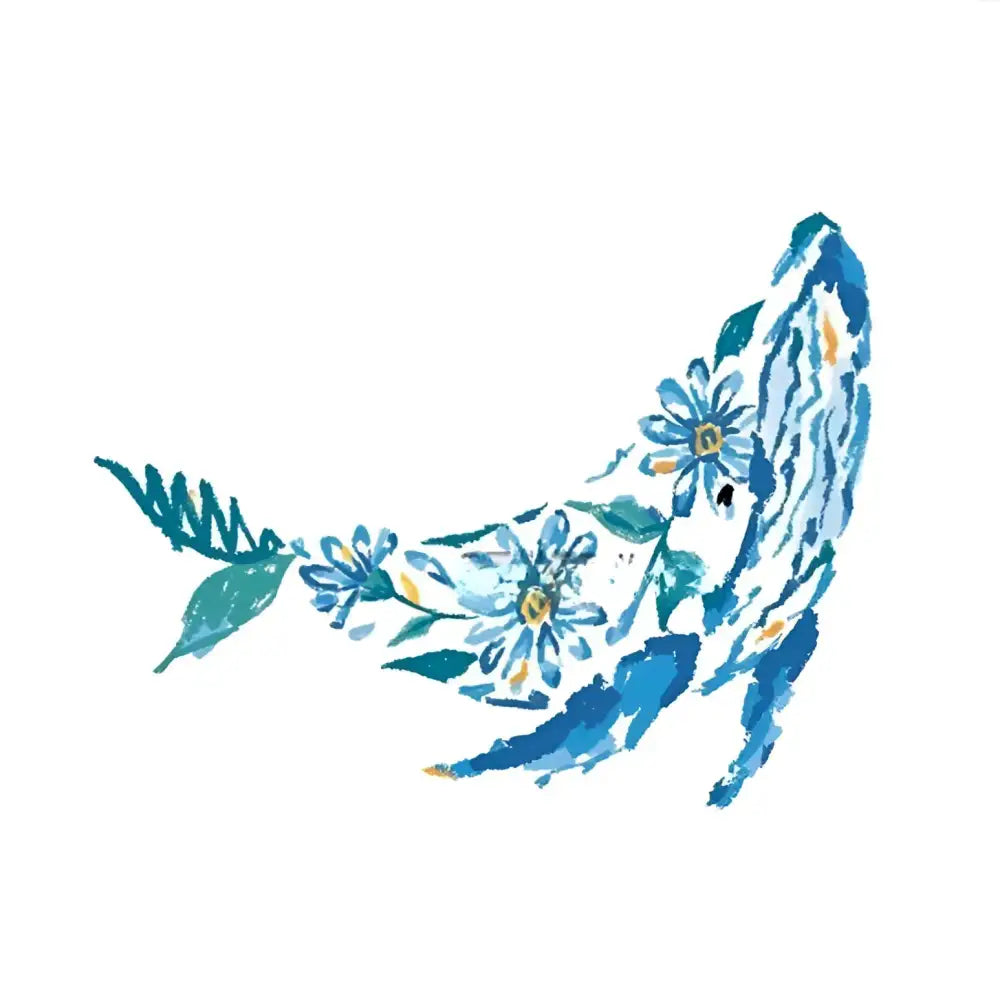 Floral whale tattoo sticker made of blue flowers and leaves with real reviews