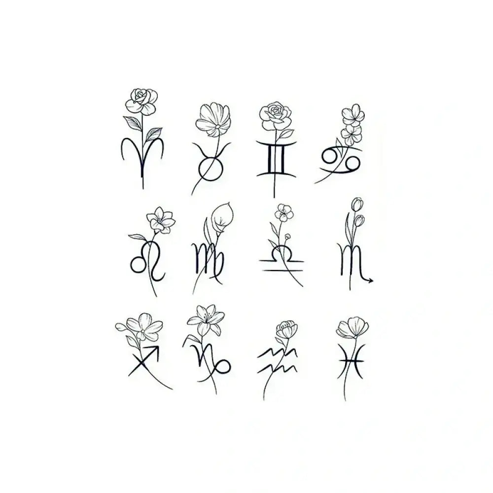 Floral Zodiac Tattoo Set featuring twelve zodiac signs with unique flower designs