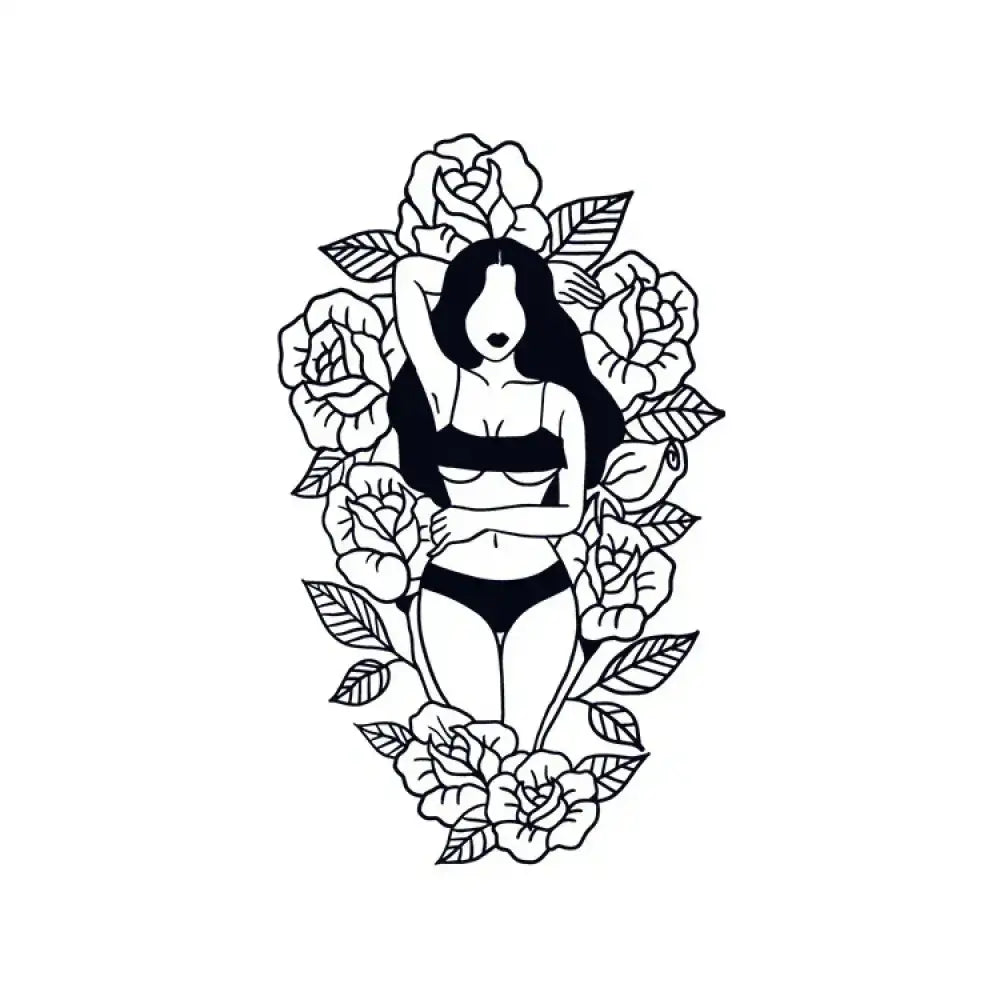 Stylized black and white tattoo sticker of bikini woman with roses